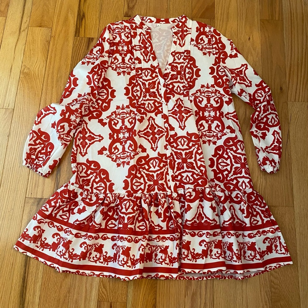 SHEIN Red and White Patterned Ruffle-Hem Midi Dress